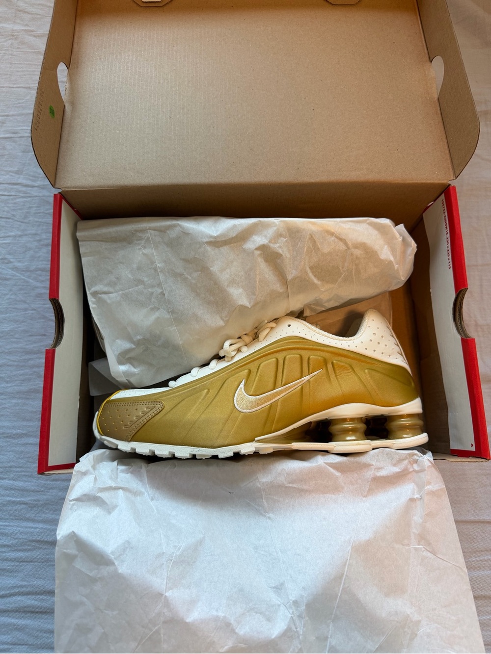 Nike Gold and White Shox R4 Sneakers